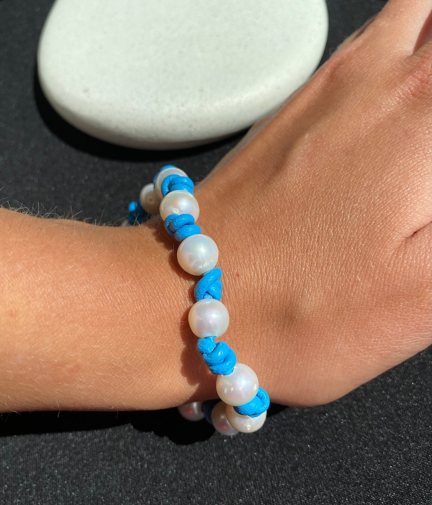 Blue Leather Pearl Bracelet