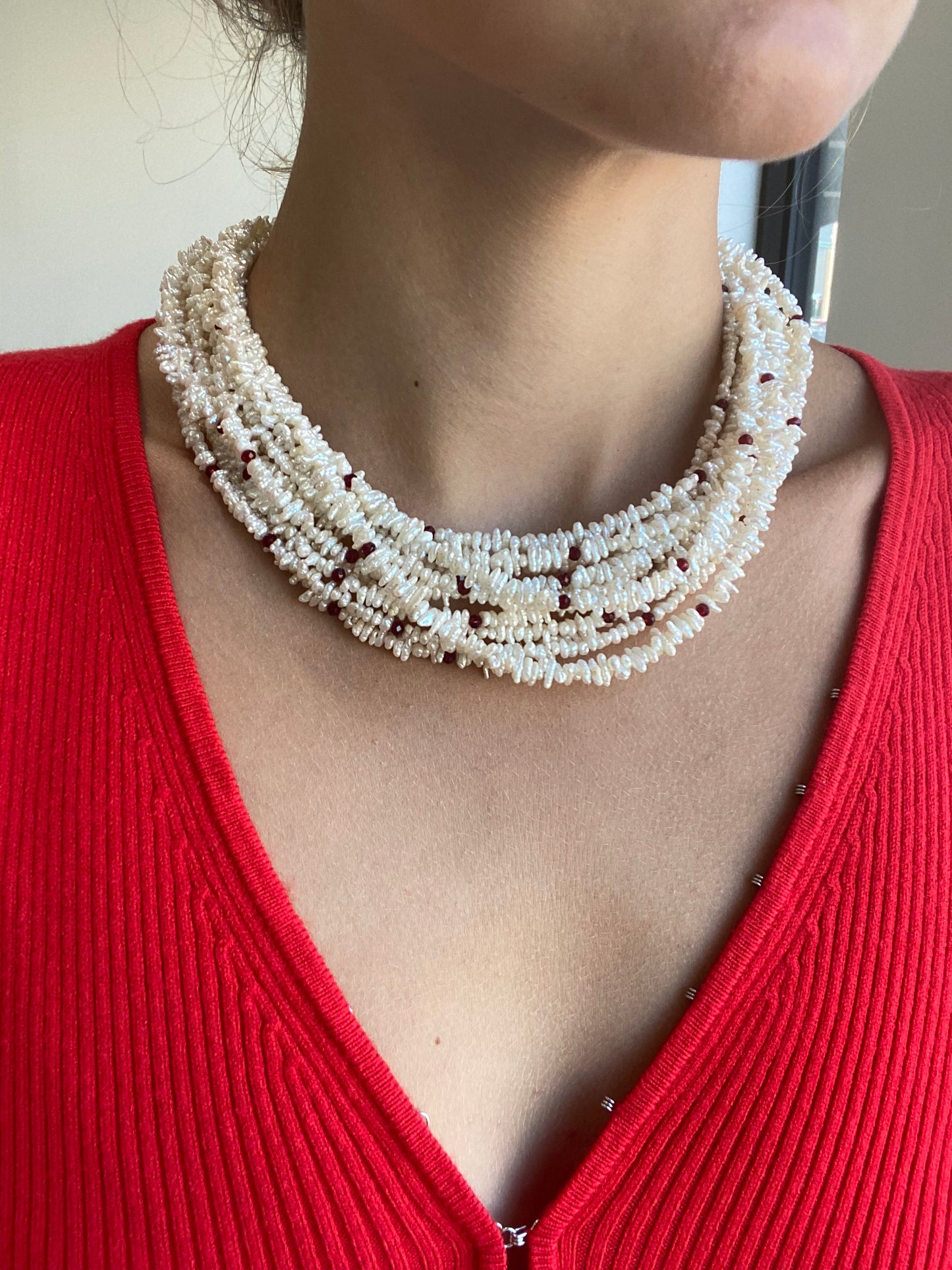 Freshwater Rice Pearls and Garnet Multi Strand Necklace