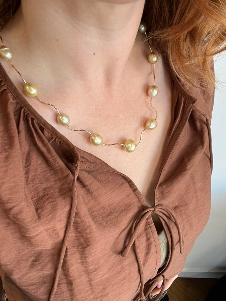 Golden Southsea Pearls on 14kt Yellow Gold Wiggle Chain