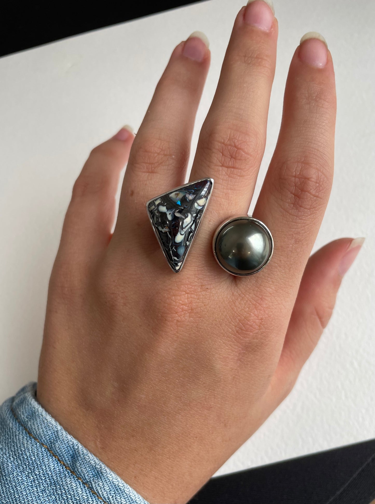 Boulder Opal and Tahitian Pearl Gold Ring