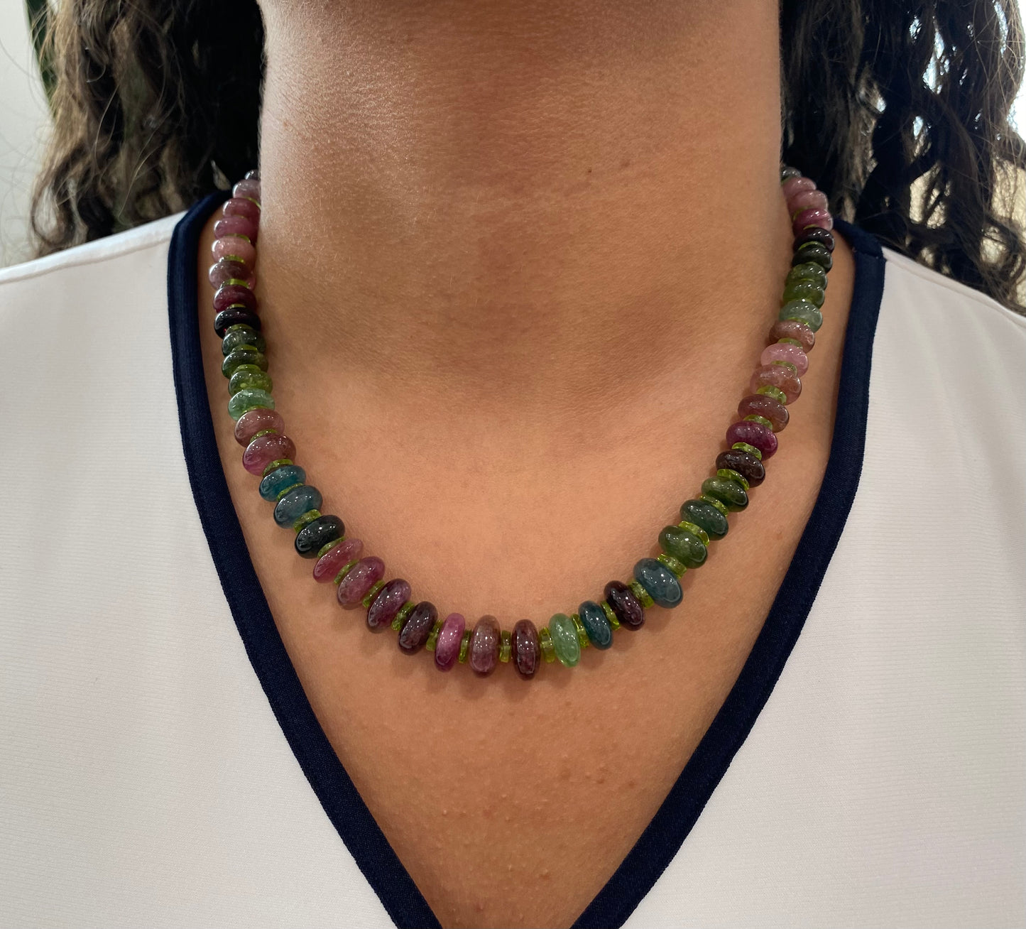 Watermelon Tourmaline and Peridot Beaded Necklace