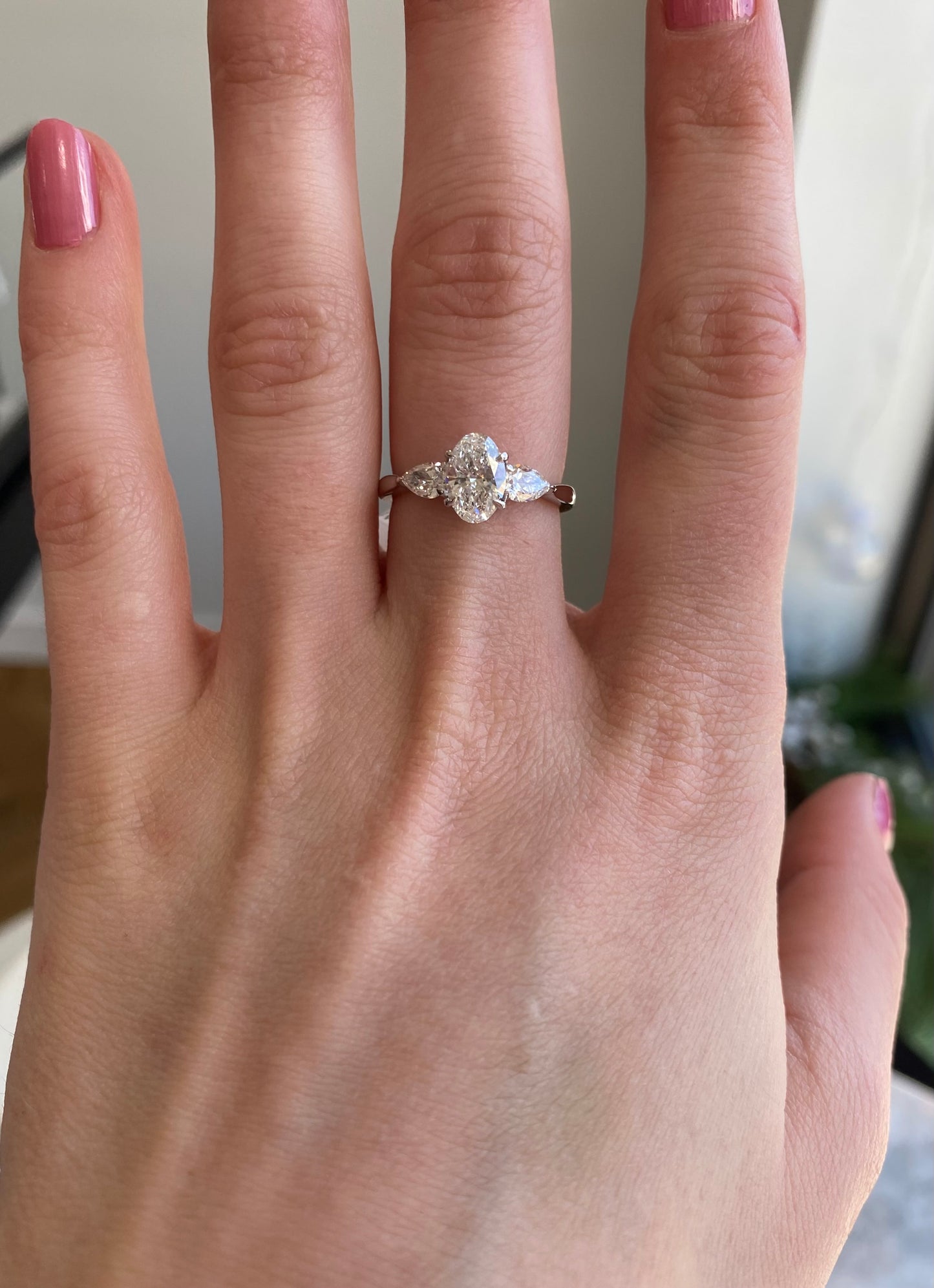 Three Stone Oval and Pear Lab Diamond Ring