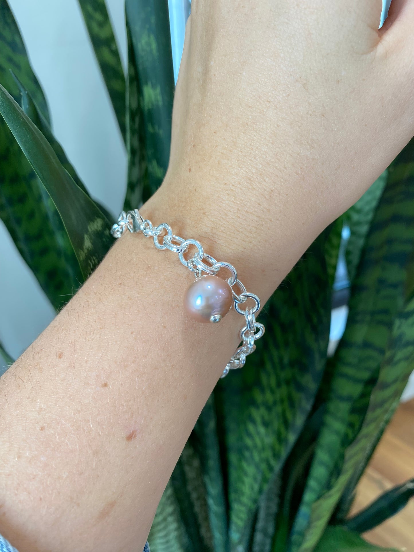 Pink Pearl Charm Silver Bracelet
