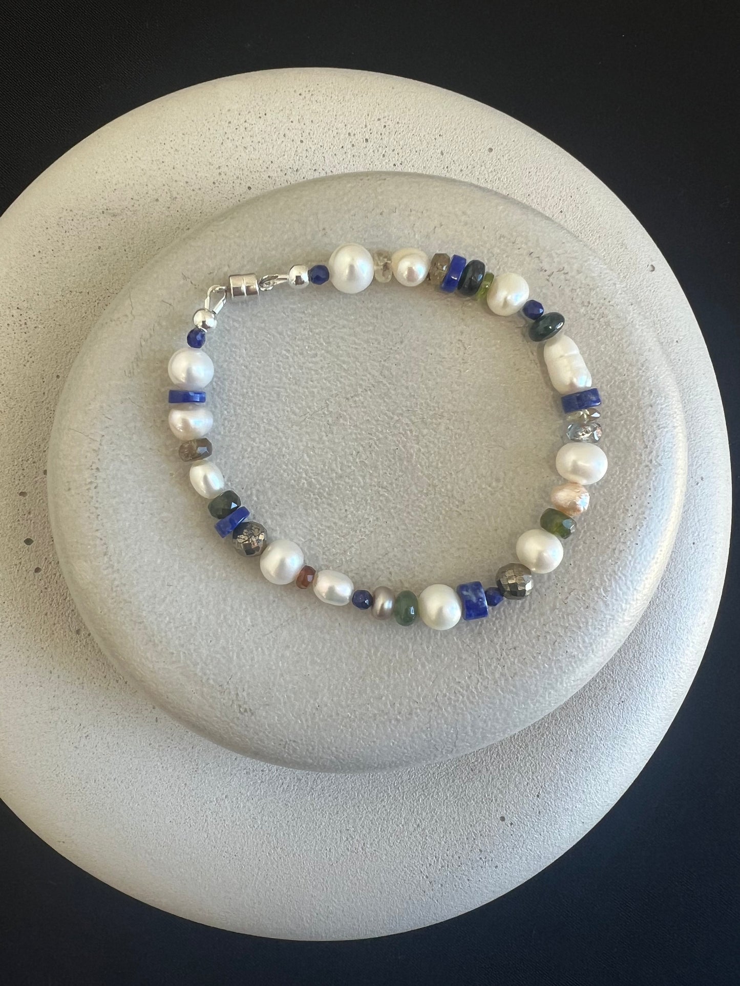 Pearl, Lapis, Tourmaline, and Quartz Bracelet