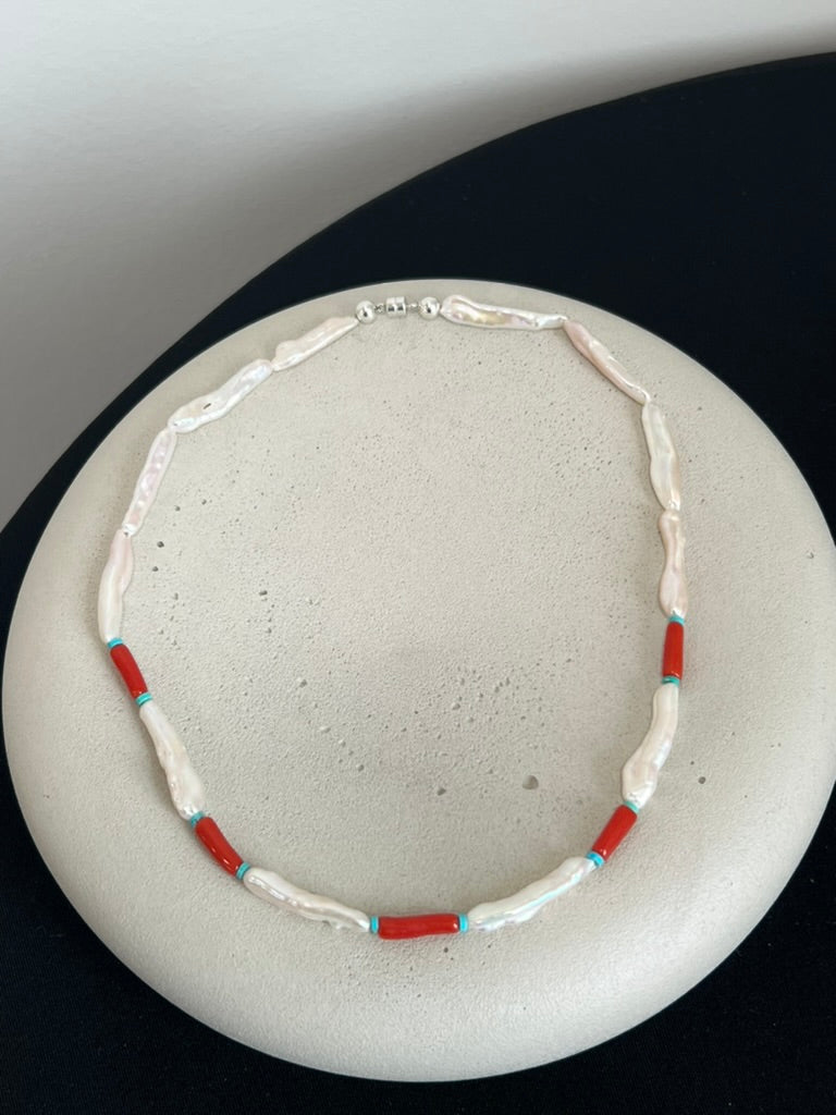 Stick Pearl, Coral, and Turquoise Necklace
