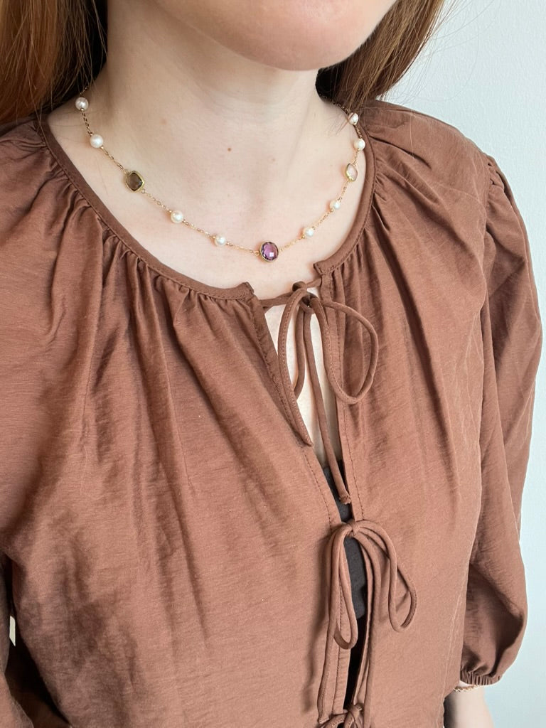 Pearl Quartz and Amethyst Gemstone Station Necklace