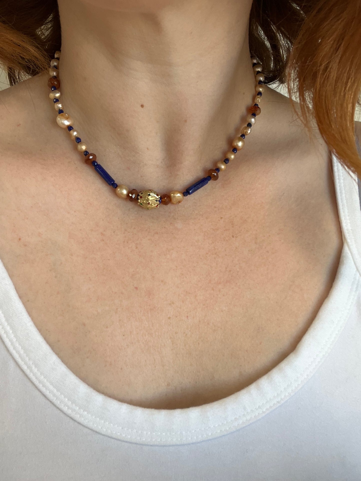 Lapis, Pearl, Quartz, and Precious Gold Bead Necklace