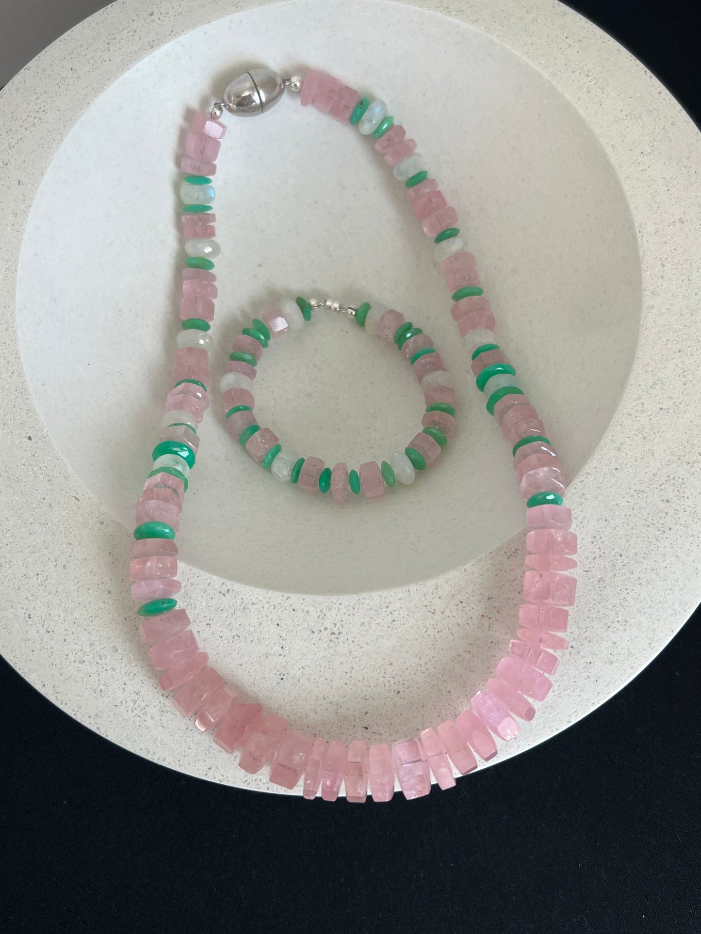 Pink Morganite, Emerald, and Moonstone Beaded Necklace