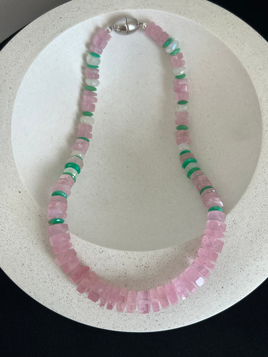 Pink Morganite, Emerald, and Moonstone Beaded Necklace