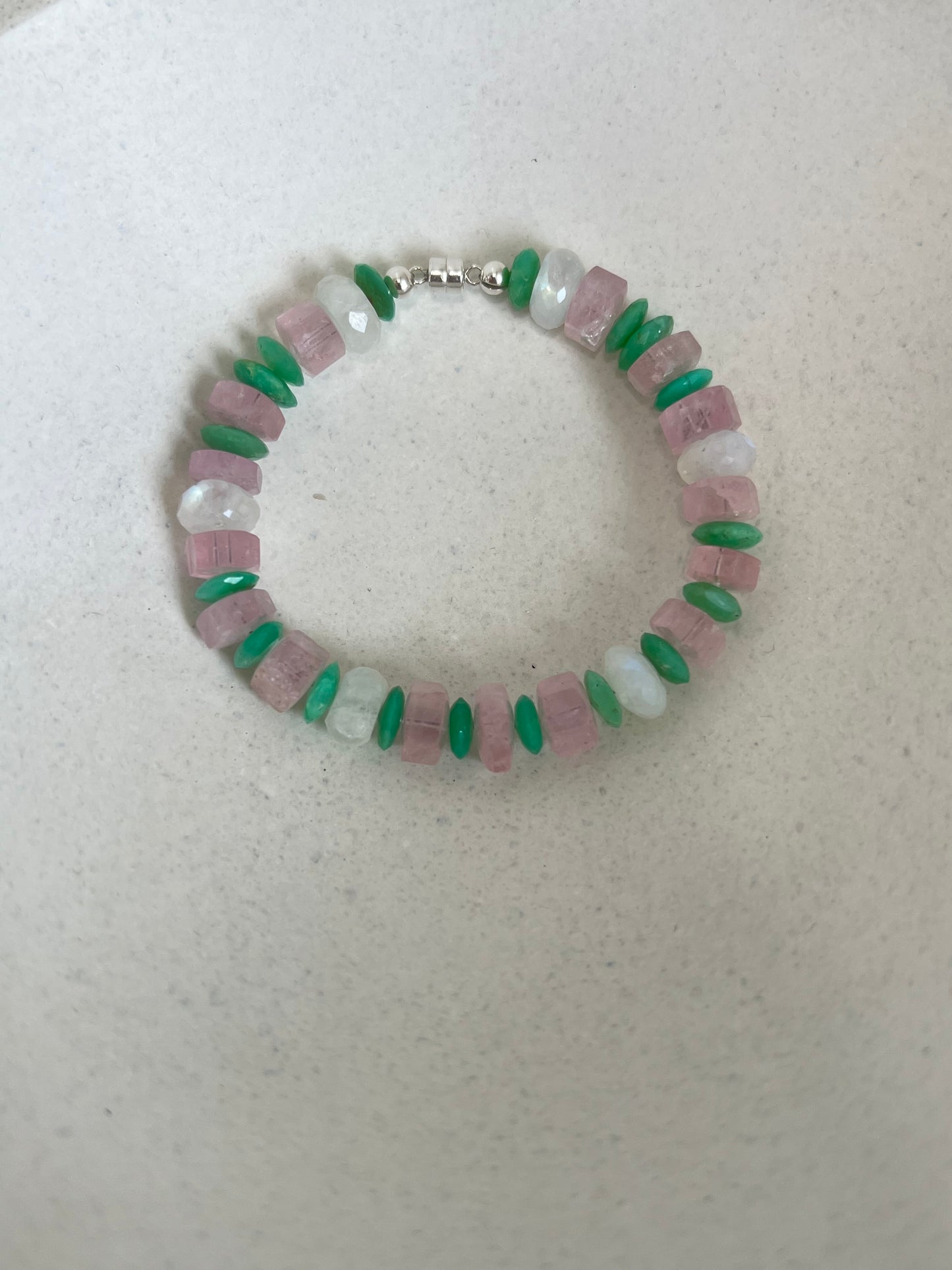 Morganite, Moonstone, and Emerald Beaded Bracelet