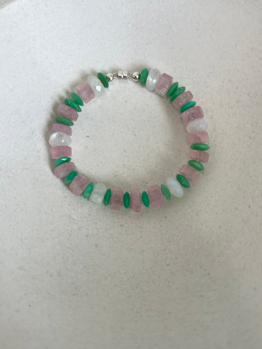 Morganite, Moonstone, and Emerald Beaded Bracelet