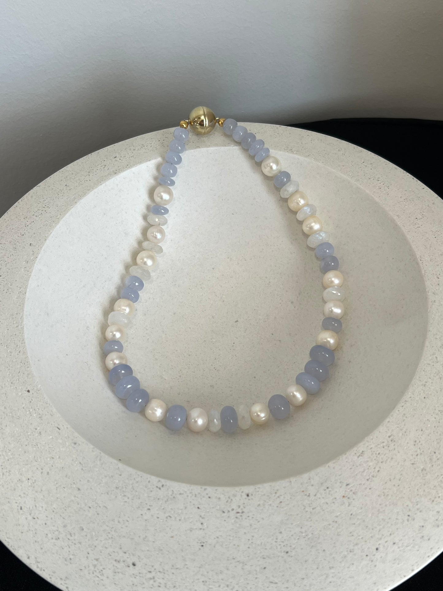 Blue Chalcedony, Pearl, and Moonstone Beaded Necklace