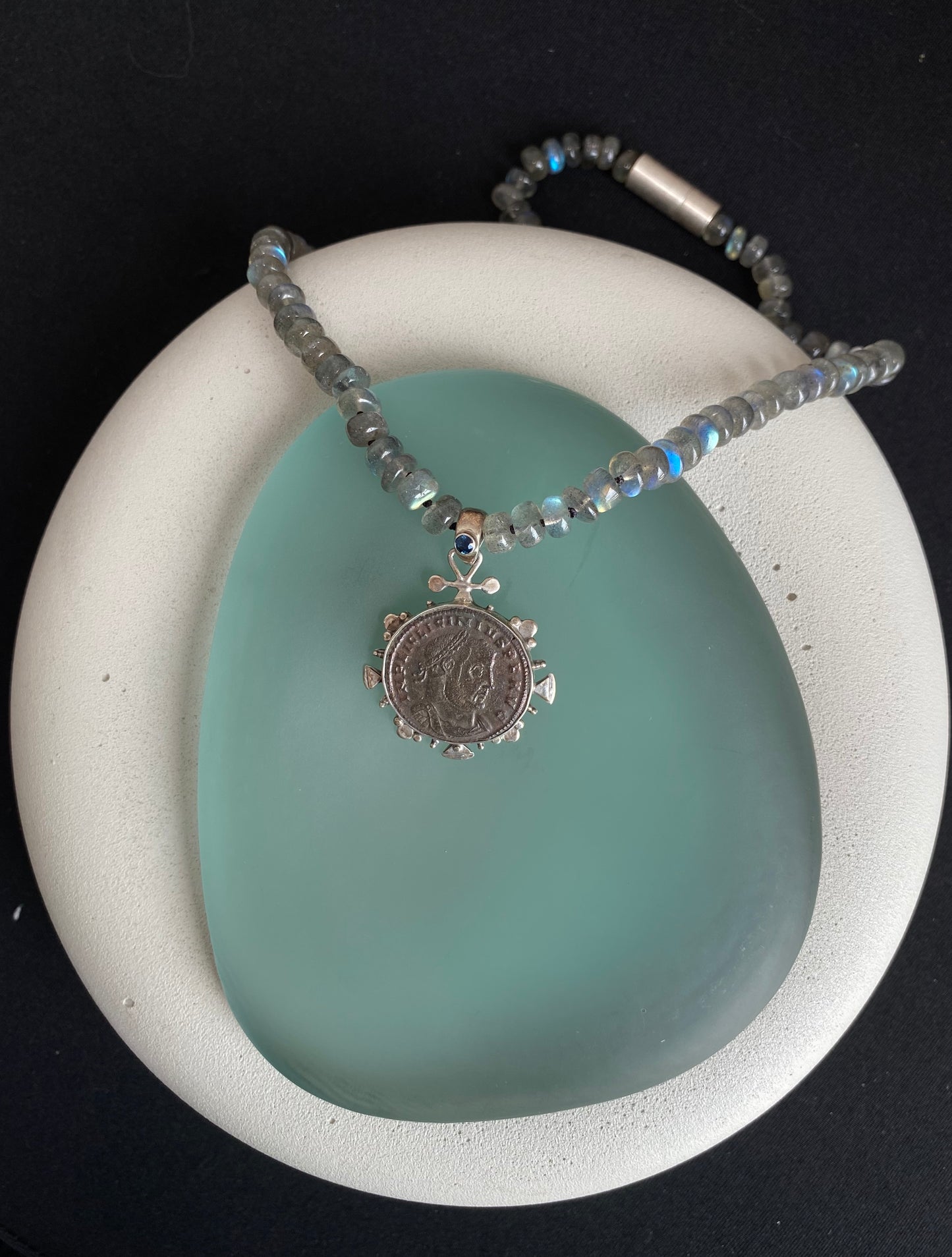 Roman Coin Sapphire Pendant with Labradorite Necklace
