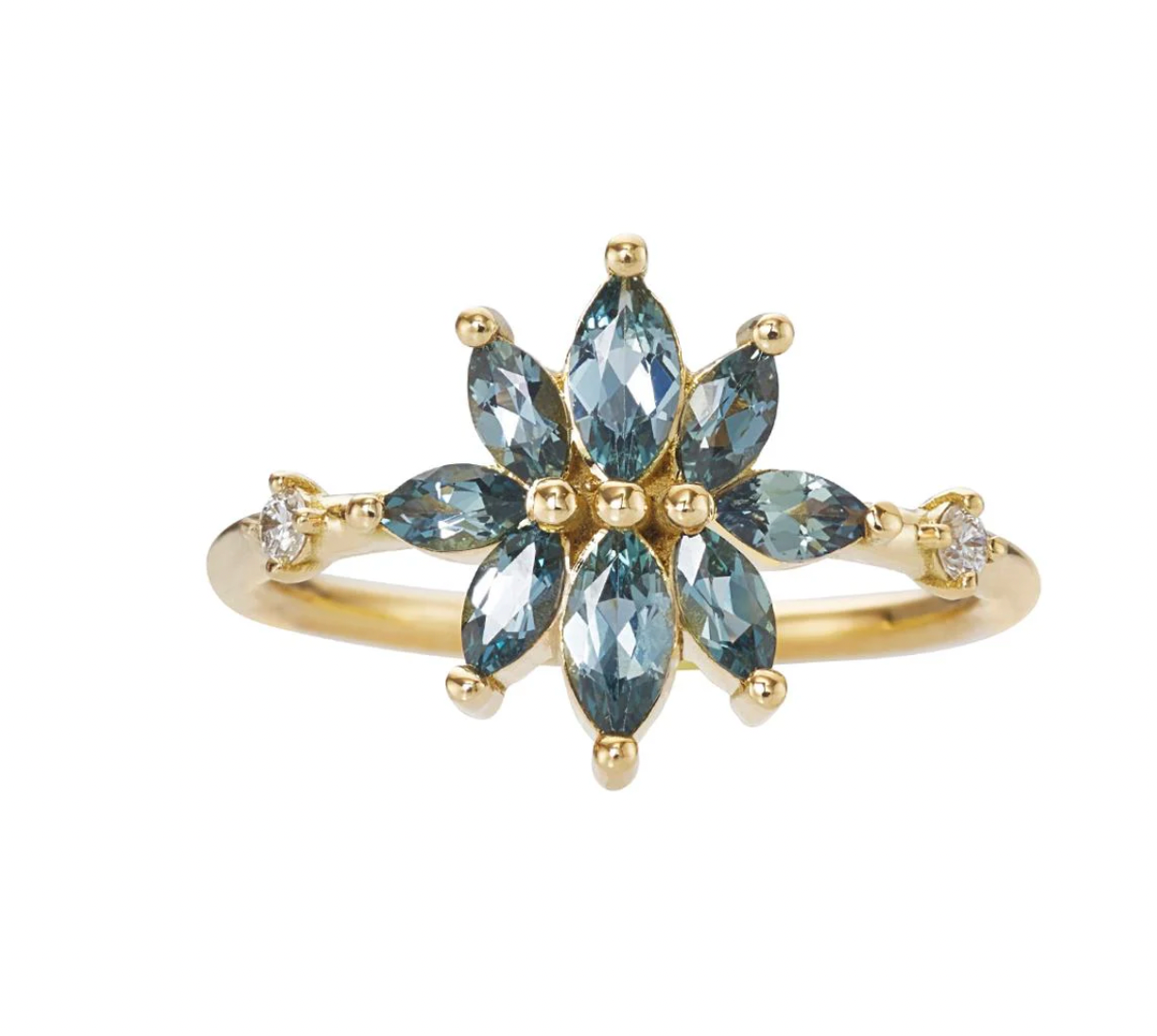 Bouquet Engagement Ring with Teal Sapphire and Diamond Petals