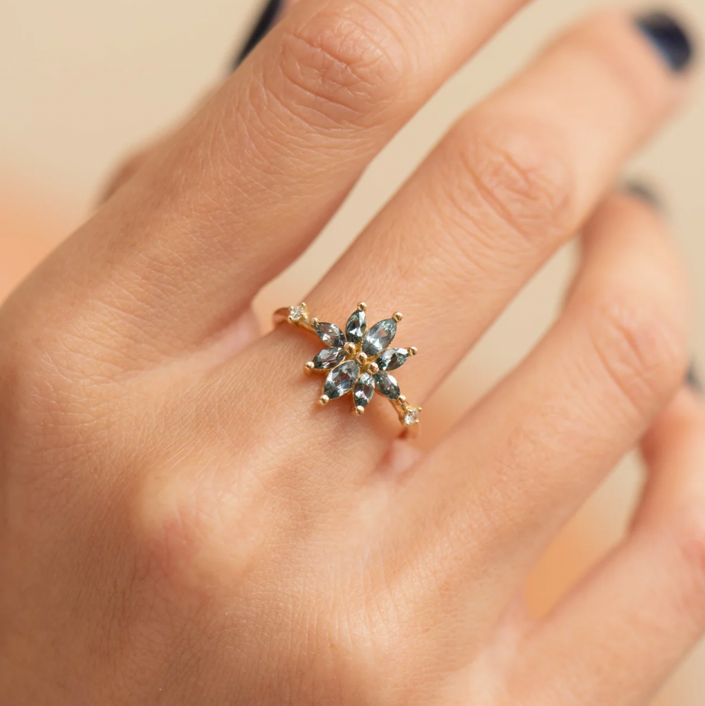 Bouquet Engagement Ring with Teal Sapphire and Diamond Petals