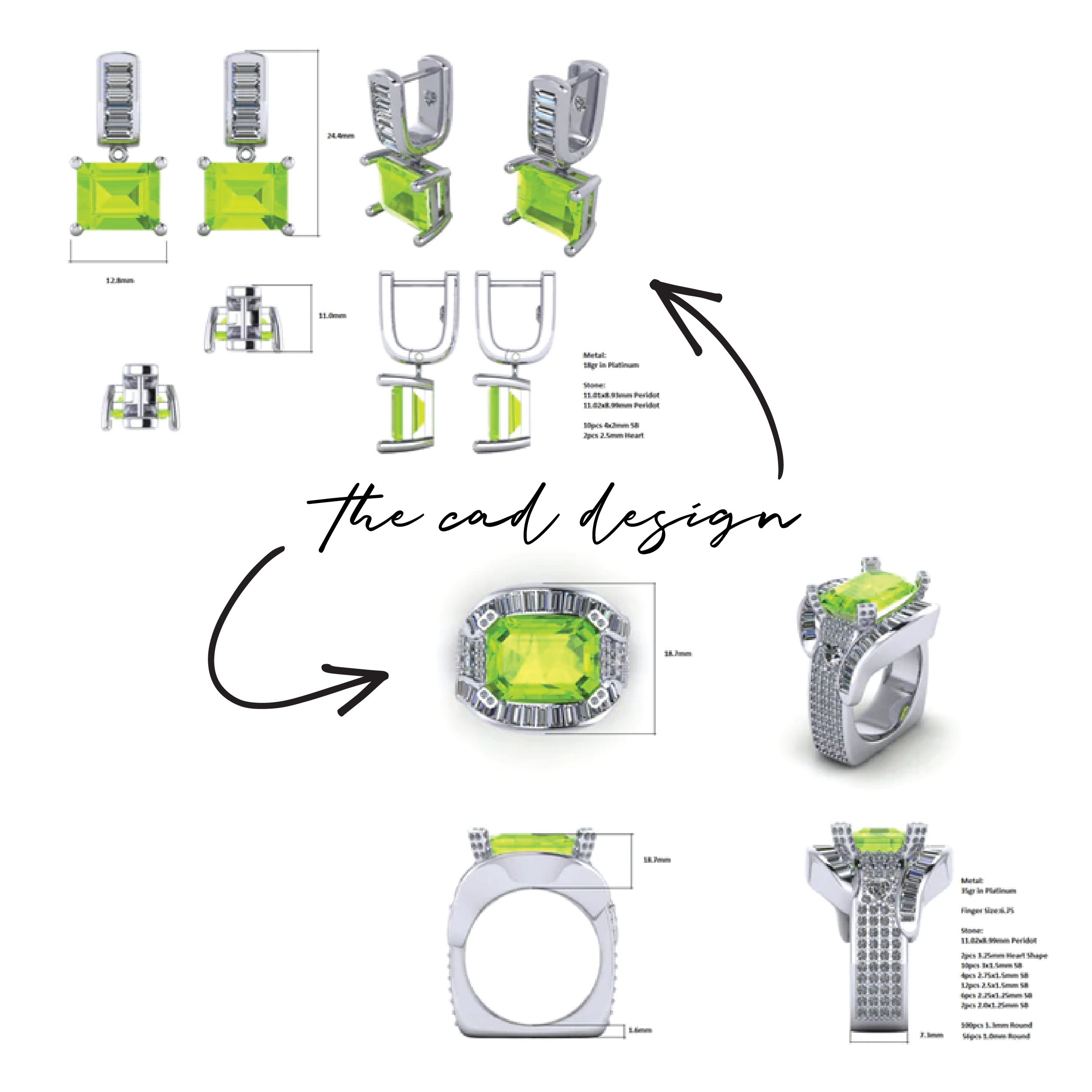 Cad mockup of custom design earrings and ring using emeralds and white gold.