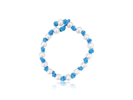 Blue Leather Pearl Bracelet