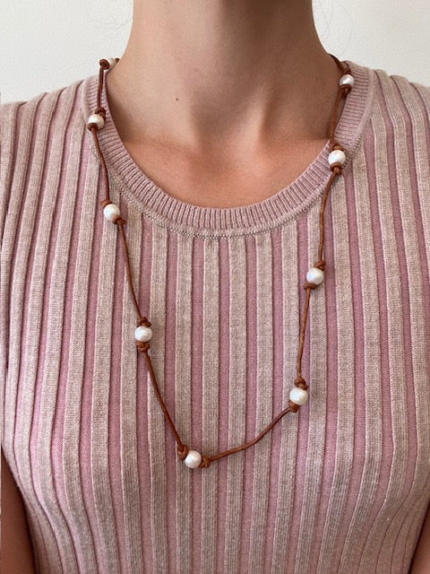 Pearl and Brown Leather Necklace
