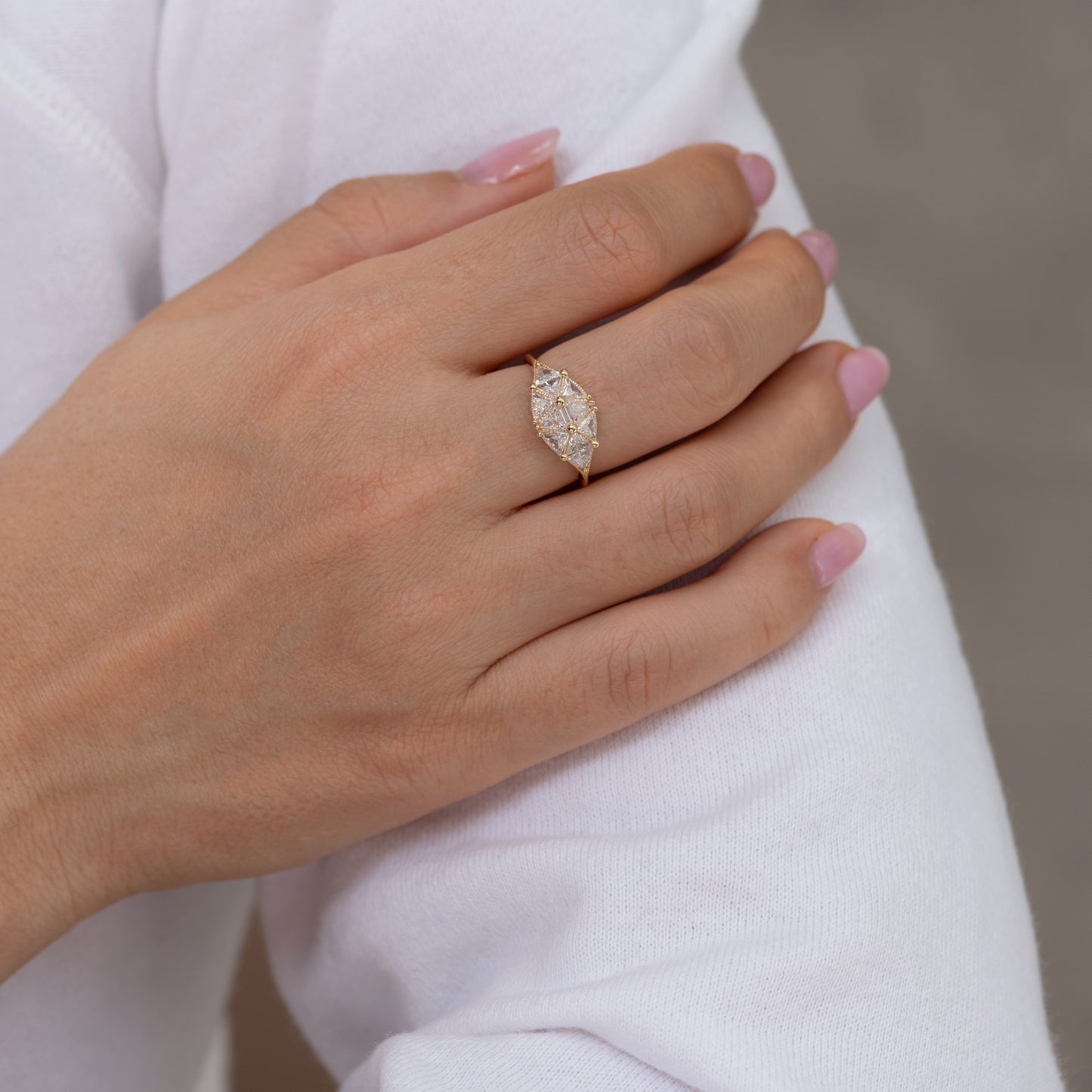 Reflective Dome Ring with Ten Triangle Diamonds