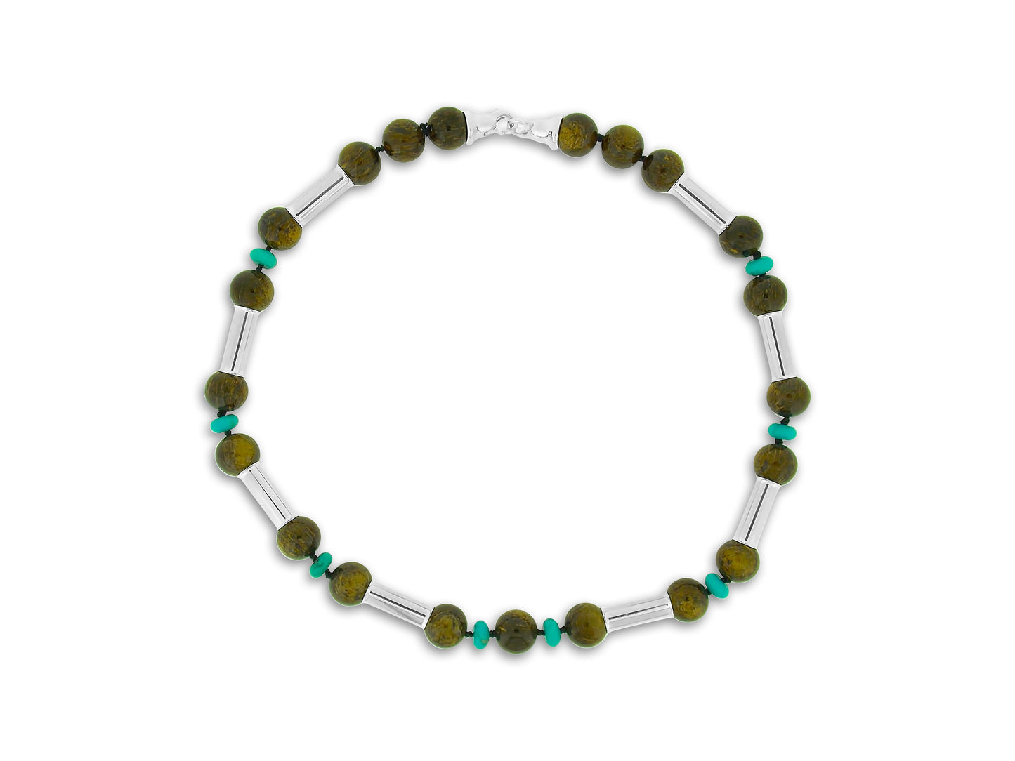 Bronzite and Turquoise Silver Tube Necklace