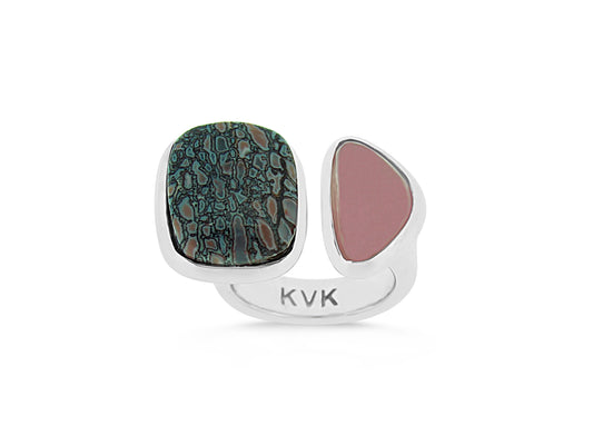 Pink Fossilized Dinosaur Bone and Tourmaline Double Ring