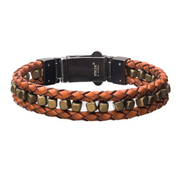 Mens Brown Braided Leather with Gold Hematite Bracelet