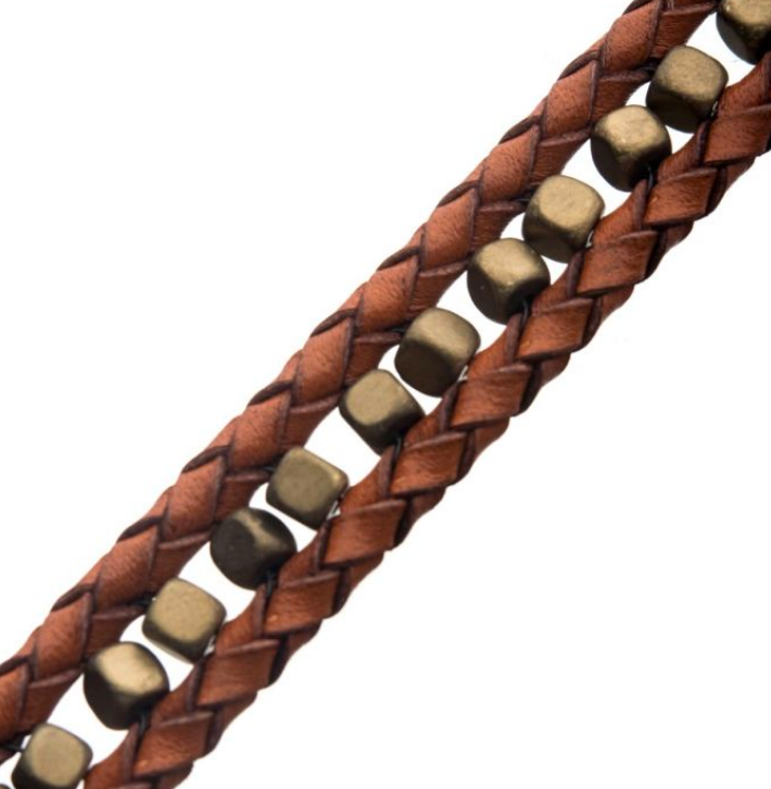 Mens Brown Braided Leather with Gold Hematite Bracelet