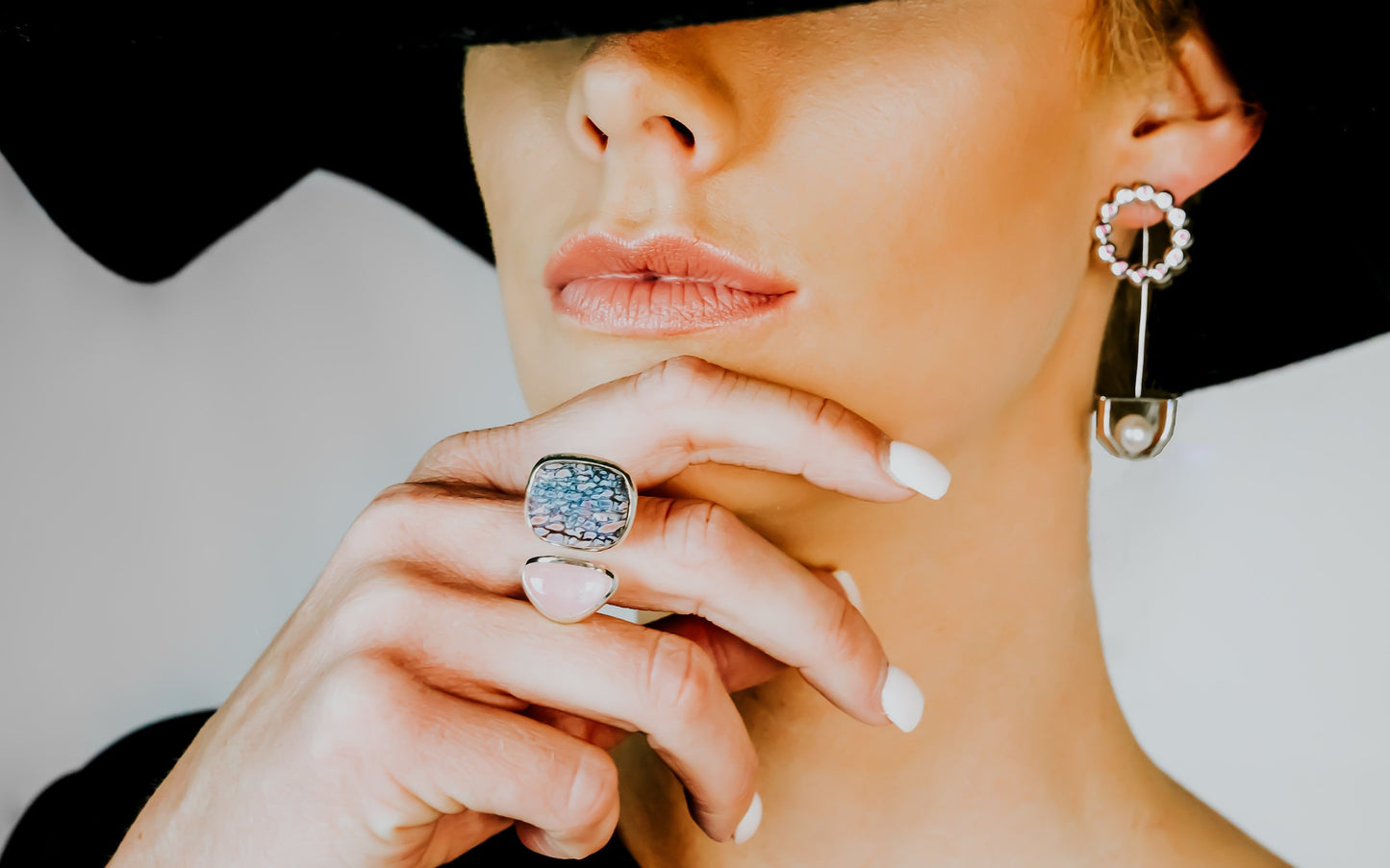 Pink Fossilized Dinosaur Bone and Tourmaline Double Ring