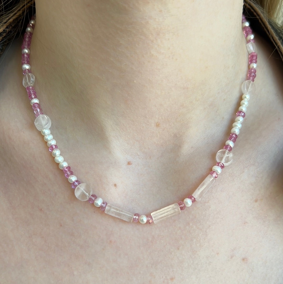 Pink Spinel Quartz and Pearl Necklace