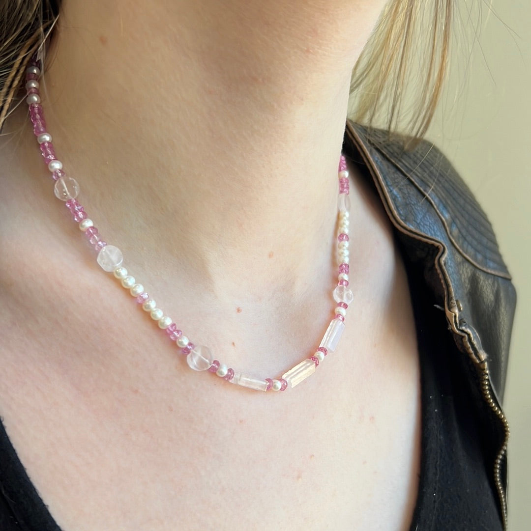 Pink Spinel Quartz and Pearl Necklace