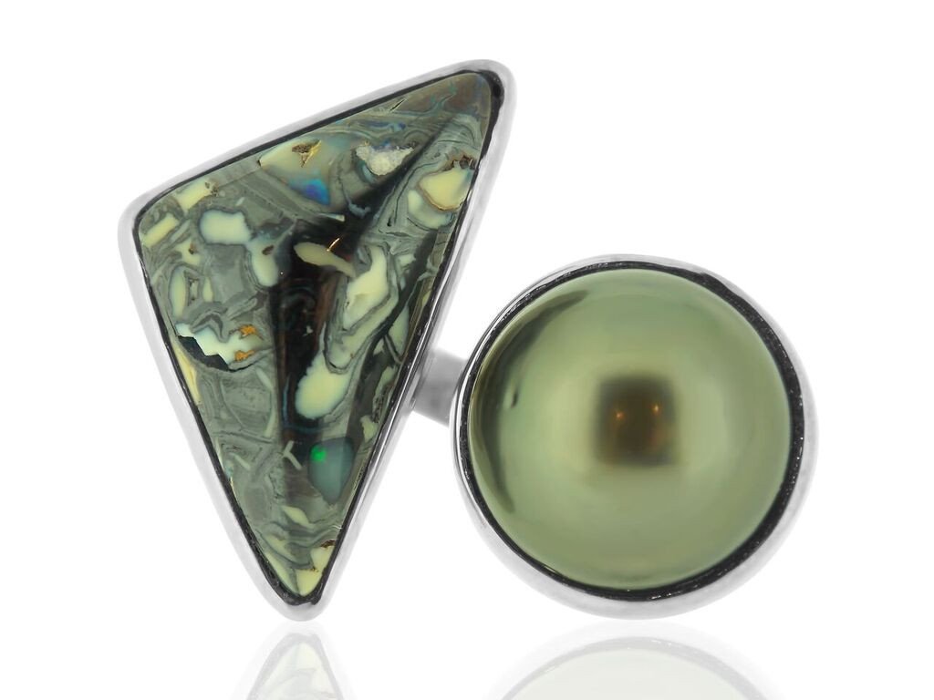 Boulder Opal and Tahitian Pearl Gold Ring