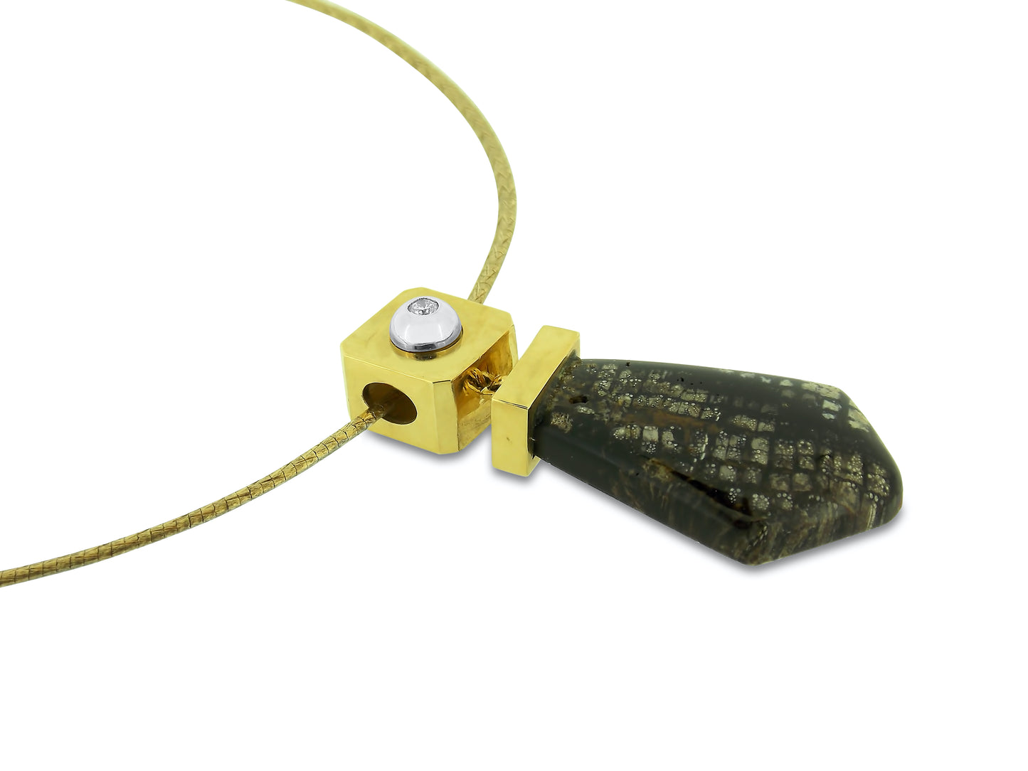 Petrified Wood and Diamond Gold Pendant