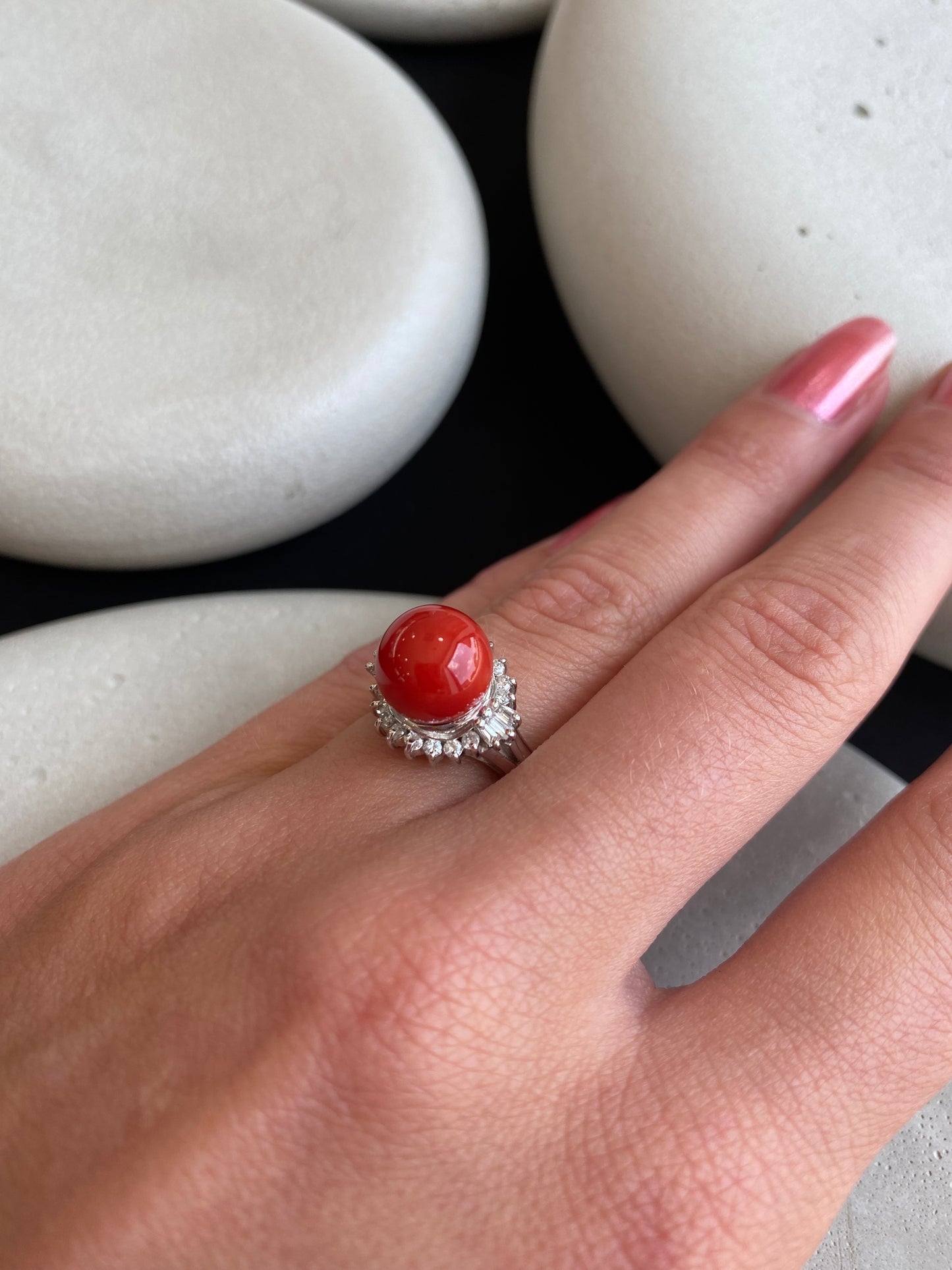 Italian Red Coral and Diamond Ring