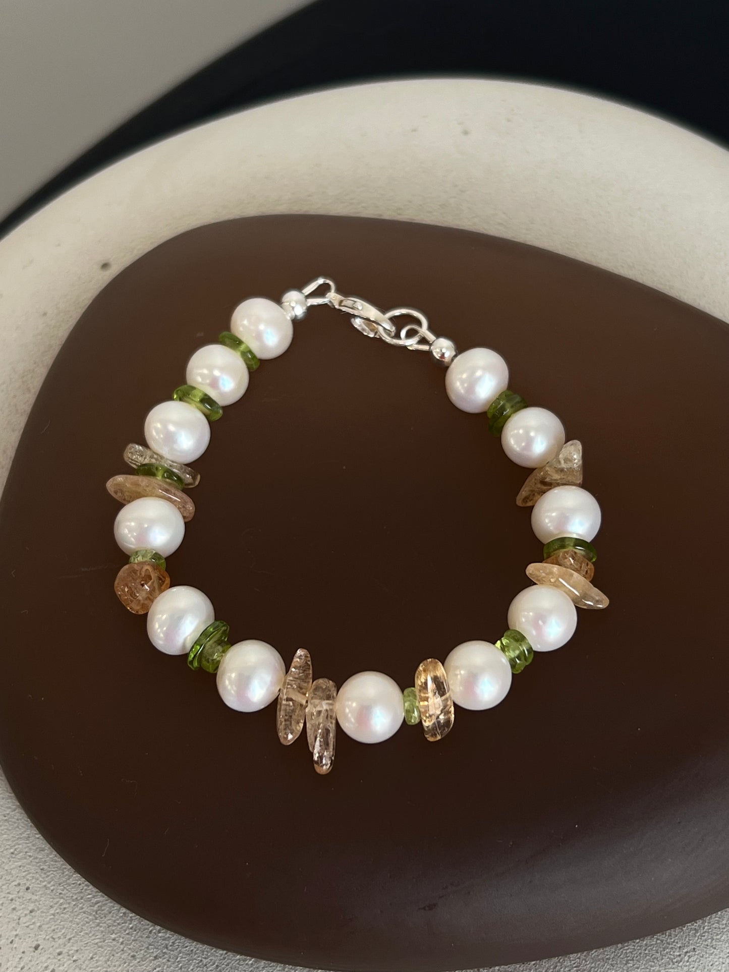 Pearl, Peridot, and Imperial Topaz Bracelet