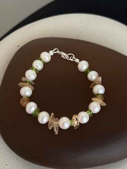 Pearl, Peridot, and Imperial Topaz Bracelet