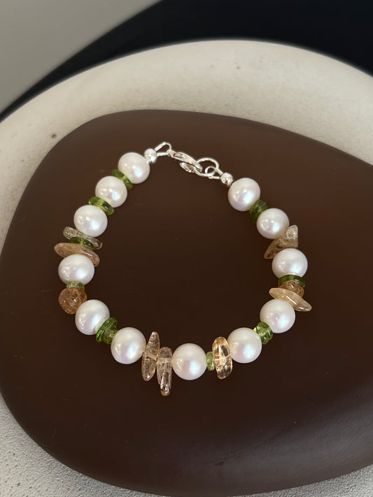 Pearl, Peridot, and Imperial Topaz Bracelet