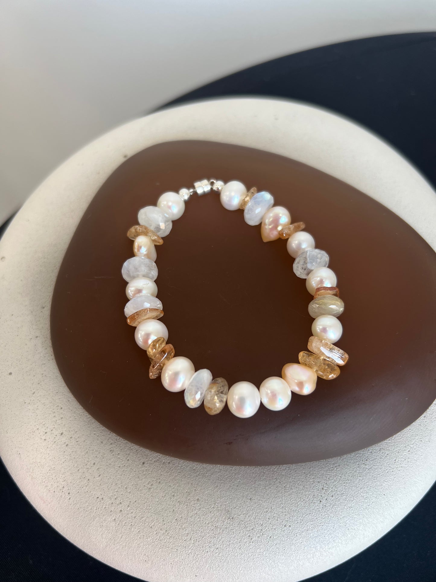 Pearl, Moonstone, Rutile, and Imperial Topaz Bracelet