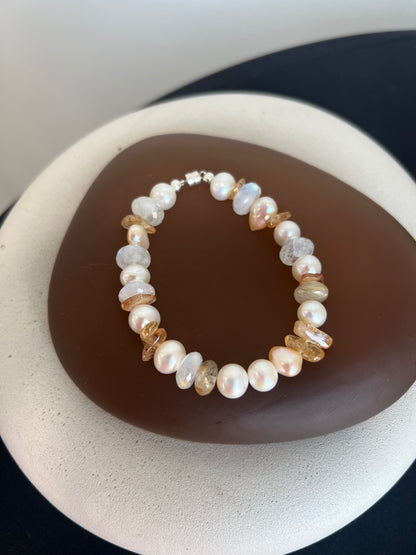 Pearl, Moonstone, Rutile, and Imperial Topaz Bracelet