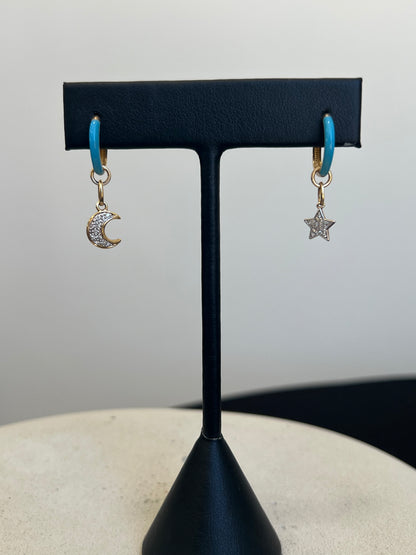 Moon and Star Earrings - Blue Enamel Hoops