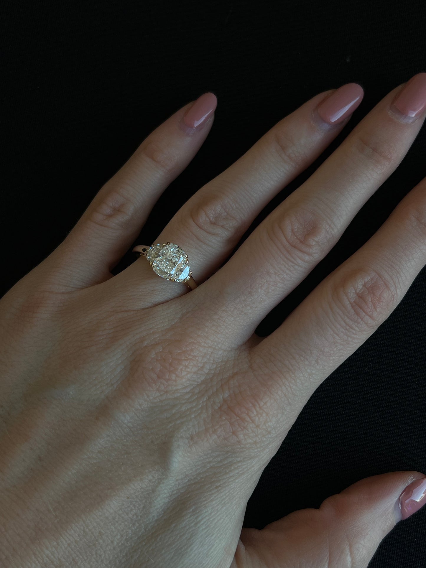 Three Stone Cushion and Half Moon Diamond Engagement Ring