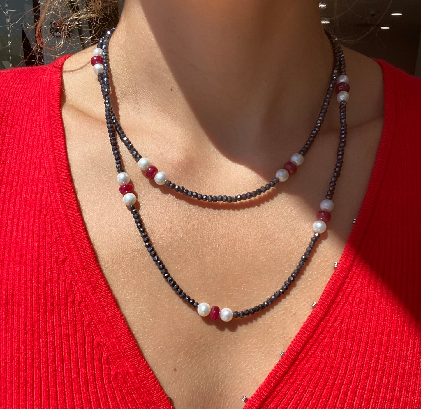 Spinel Ruby Pearl Long Necklace