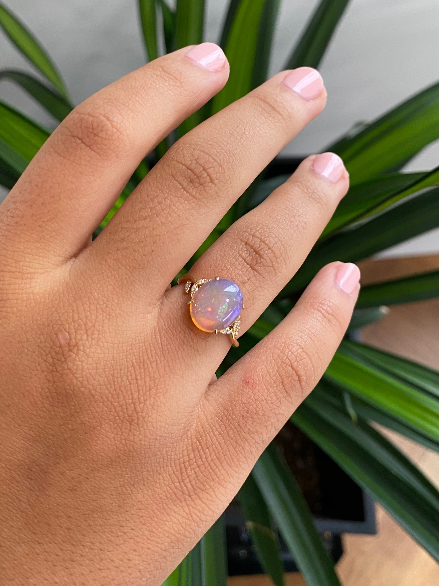 Fire Opal Diamond Leaf Ring