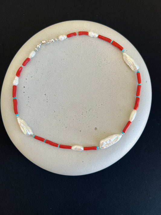 Pearl, Coral and Turquoise Necklace