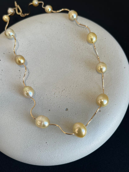 Golden Southsea Pearls on 14kt Yellow Gold Wiggle Chain