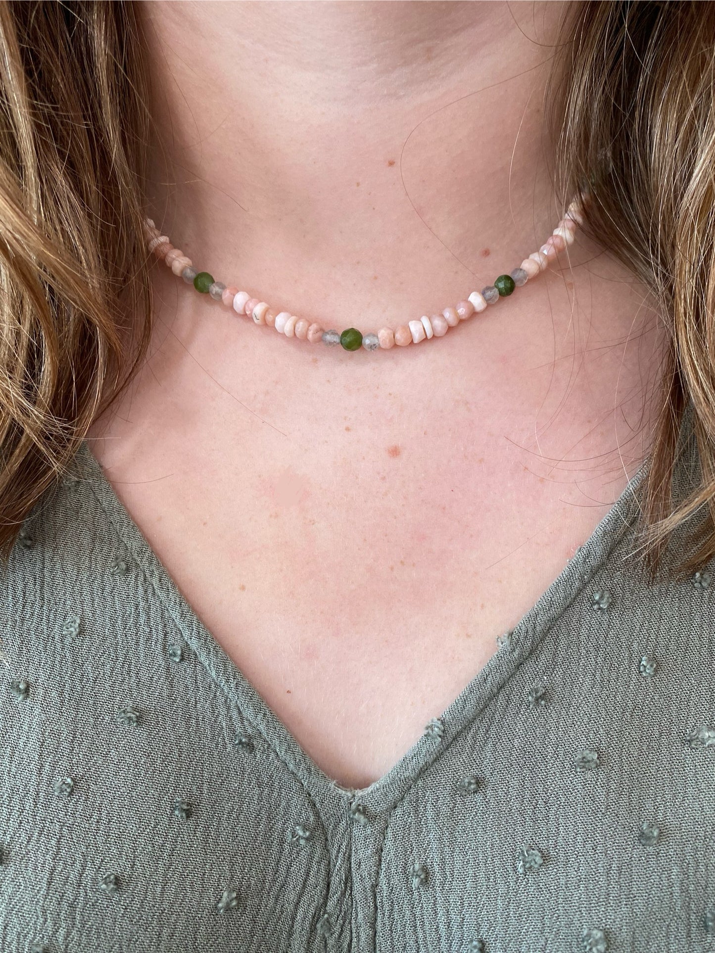 Pink Opal, Moonstone, and Emerald Necklace