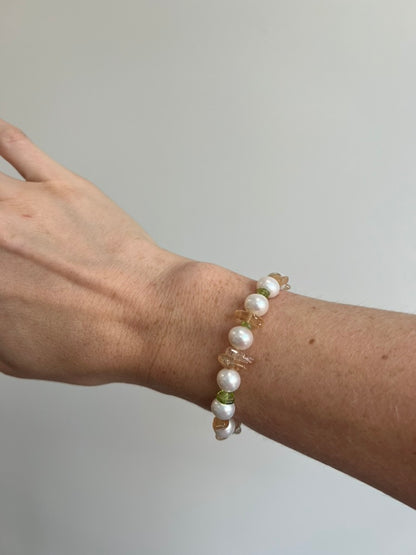 Pearl, Peridot, and Imperial Topaz Bracelet