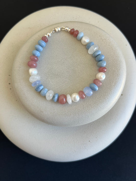 Blue Opal, Guava Quartz, Pearl, and Moonstone Bracelet