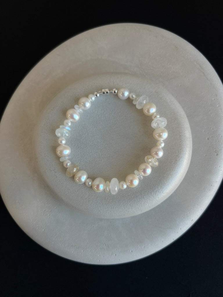 Pearl, Rutile, and Moonstone Bracelet