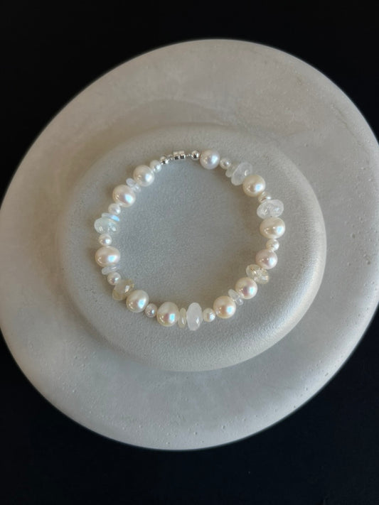 Pearl, Rutile, and Moonstone Bracelet