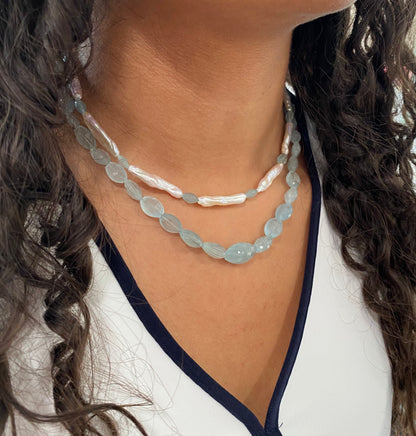 Stick Pearl and Aquamarine Necklace